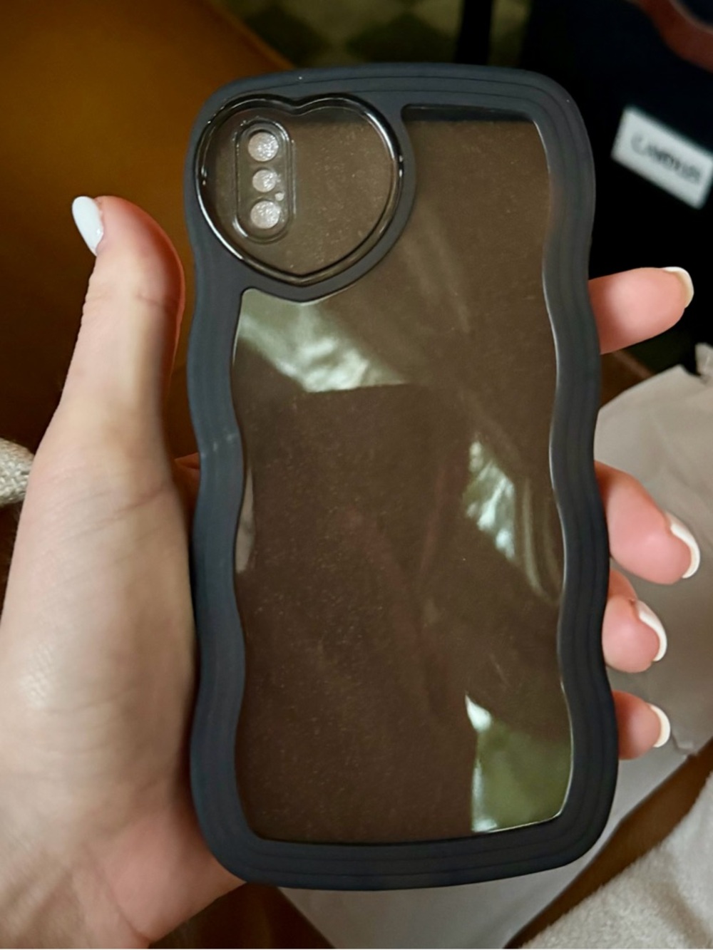Clear iPhone X/Xs Case with Black Wave Frame and Heart Camera Ring